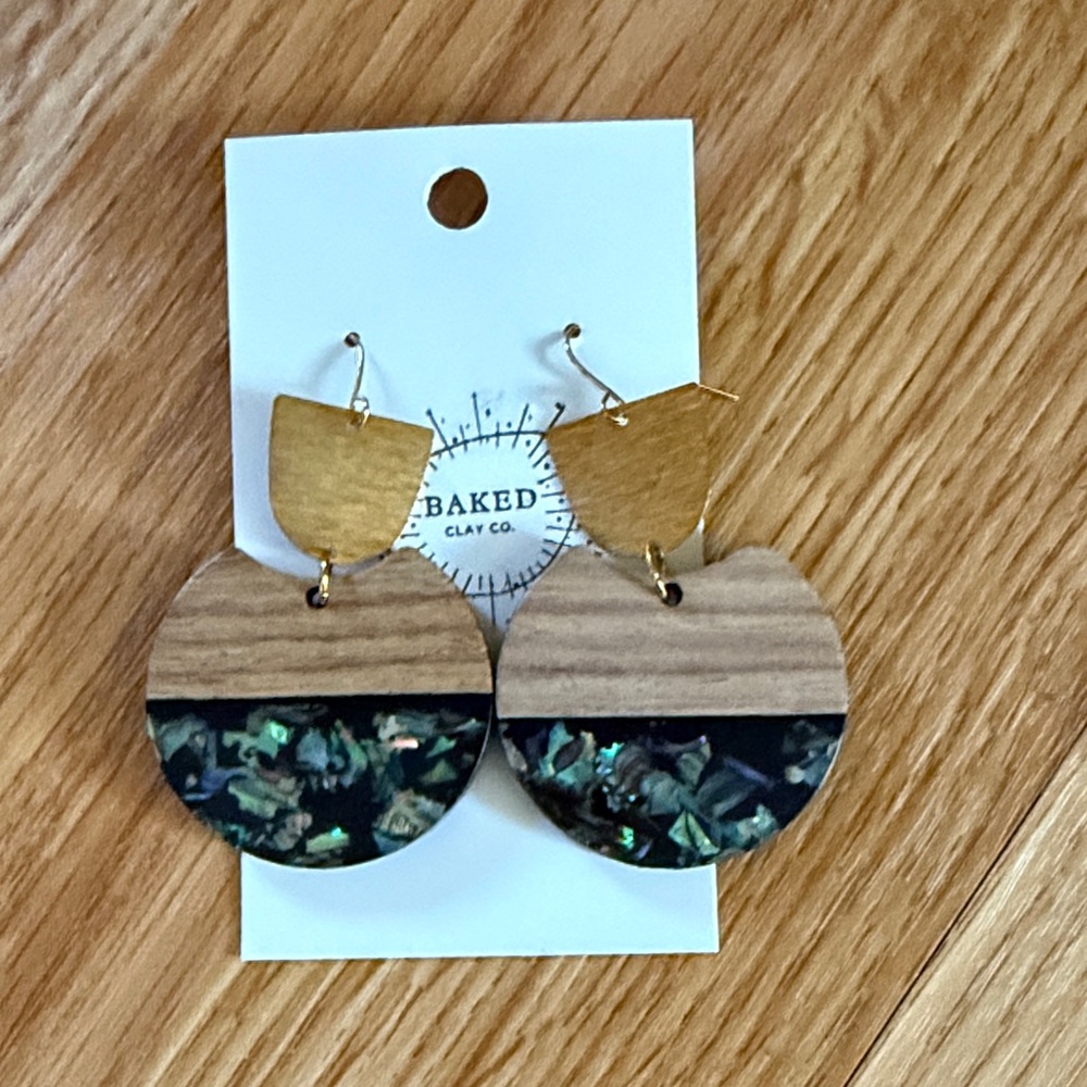 Wood & Iridescent Drop Earrings - Brown Green